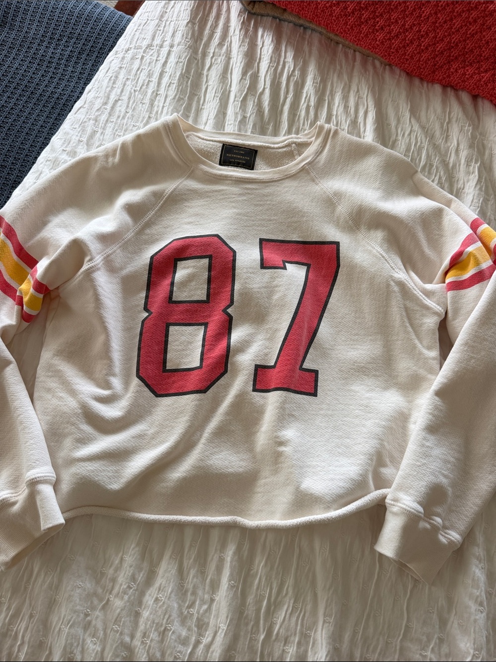 Original Retro Brand White Crewneck Sweater with Pink '87' and Stripe Accents